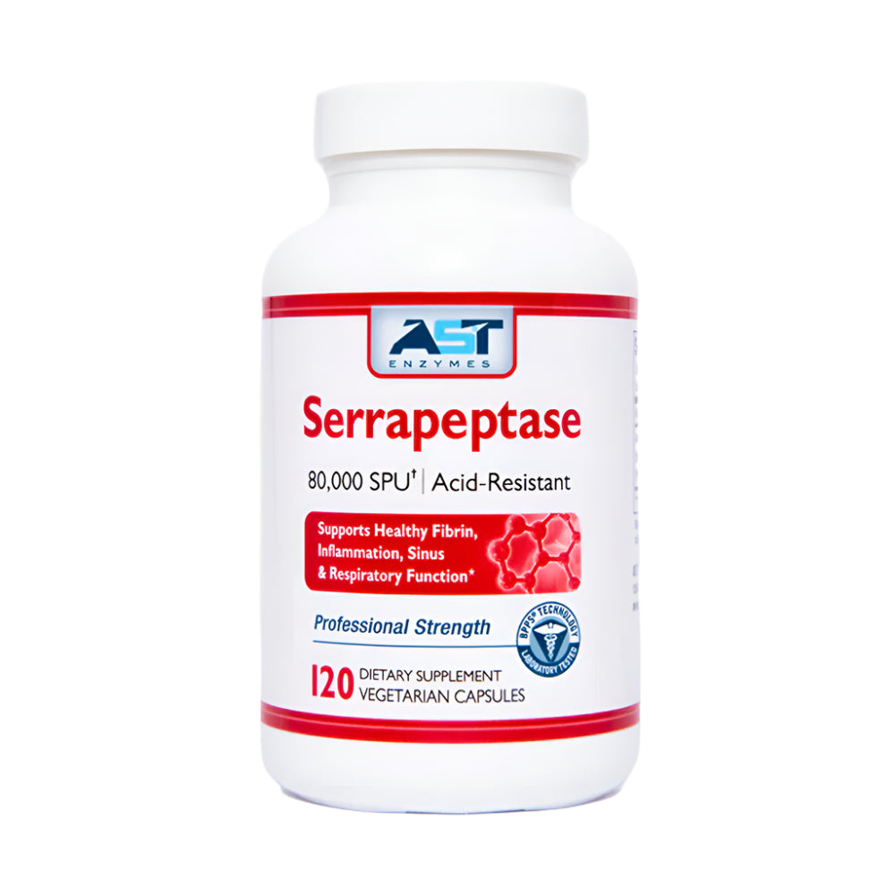 Supplement bottle labeled 'Serrapeptase' with red and white label on a light gray background