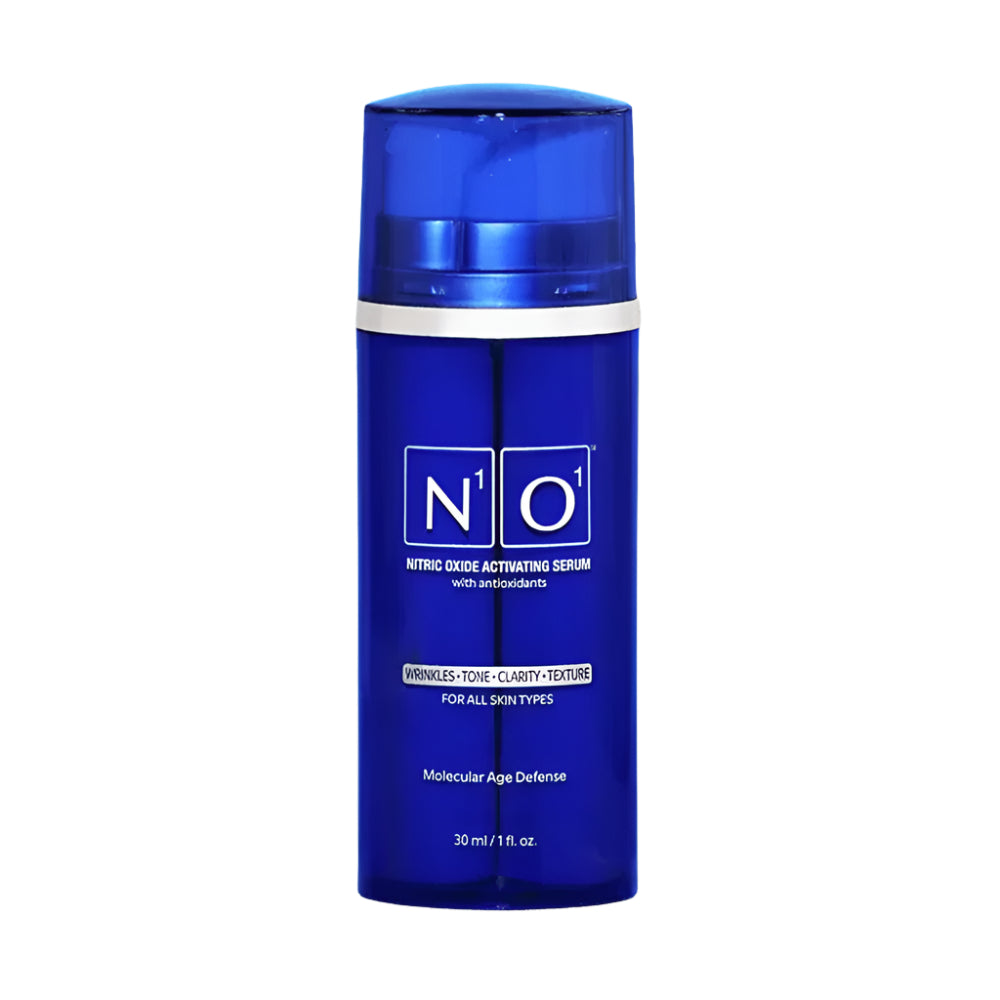 Blue skincare serum bottle with 'N'O' branding on a light gray background