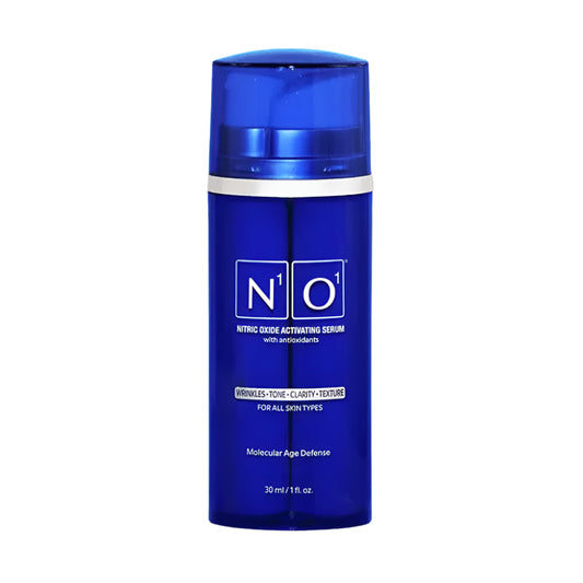 Blue skincare serum bottle with 'N'O' branding on a light gray background